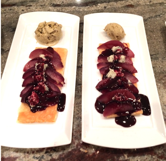 Pears Poached in Red wine with Gorgonzola Ice Cream and Puff Pastry